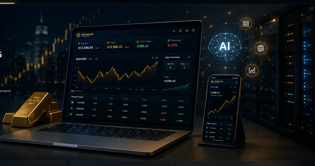 คอมพิวเตอร์แสดง Dashboard ระบบเทรด GoldAlgo EA และกราฟทองคำ
